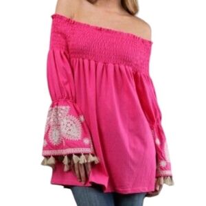 VaVa by Joy Hon pink tassel beaded‎ off the shoulder top tunic